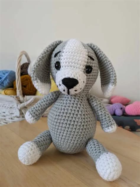 CHIEN GRIS DOUDOU Fait Main Au Crochet Neuf Amigurumi 22 Cm EUR 25