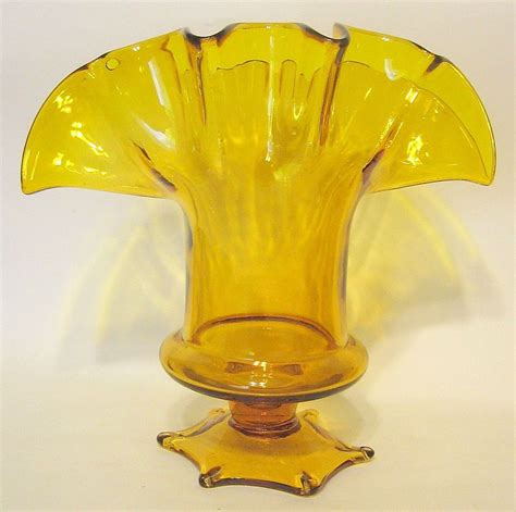 Details About Amber Flared Lip Glass Vase Stretched Foot 9 To 10 Inch Large Crimped Hand Blown