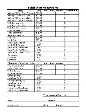 Fillable Online Spirit Wear Order Form Salemelementaryptacom Fax