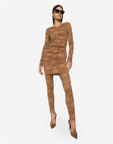 Short Floral Lace Dress In Beige For Women Dolceandgabbana®