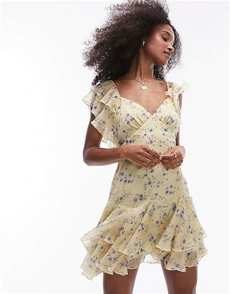 Topshop Flutter Sleeve Mini Tea Dress In Yellow Ditsy Floral Print Asos