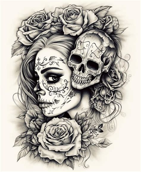 A Black And White Drawing Of A Woman With A Skull On Her Head And Roses