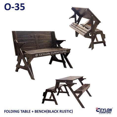 O-35-FOLDING TABLE + BENCH(BLACK RUSTIC) | Ceylon Furniture