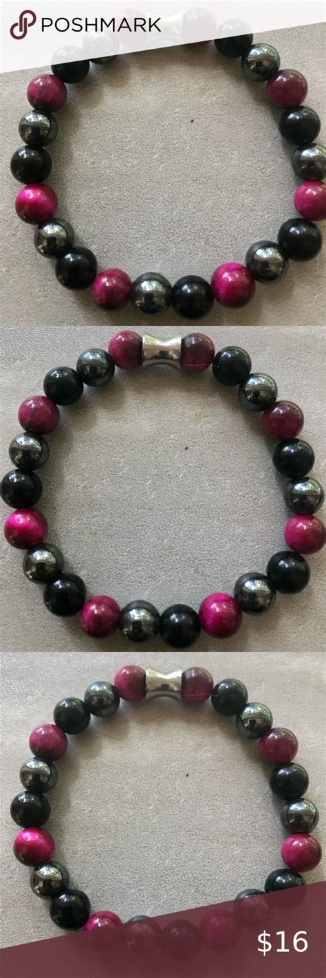 Fuchsia Tigers Eye Black Obsidian Hematite Handcrafted Bead Bracelet