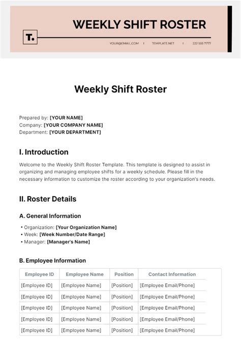 Free Weekly Shift Roster Template - Edit Online & Download | Template.net