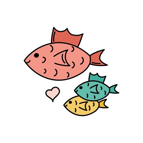 Fish family. Mom fish and two babies in cute doodle style. Vector ...