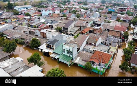 BEKASI, WEST JAVA, INDONESIA. JANUARY 05, 2020 : Aerial POV view ...