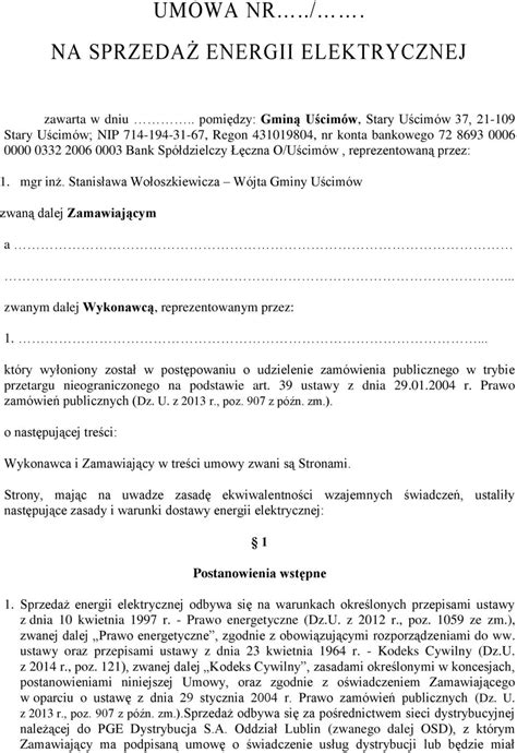 UMOWA NR NA SPRZEDAŻ ENERGII ELEKTRYCZNEJ PDF Free Download