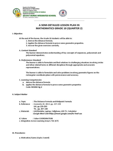 Semi-Detailed Lesson Plan Distance Formula Q2 | PDF | Geometry | Triangle
