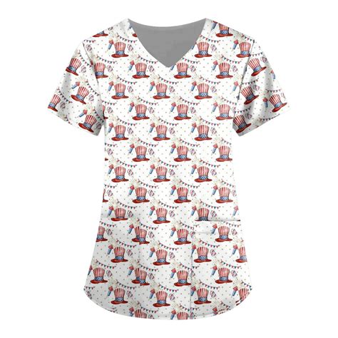 Julmcomo Womens Independence Day Scrub Tops Cute American Flag Print