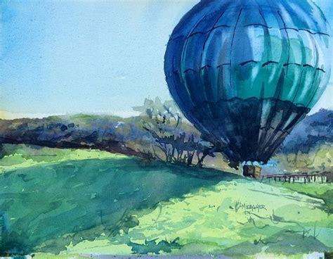 A Painting Of A Blue Hot Air Balloon In The Middle Of A Field With Trees