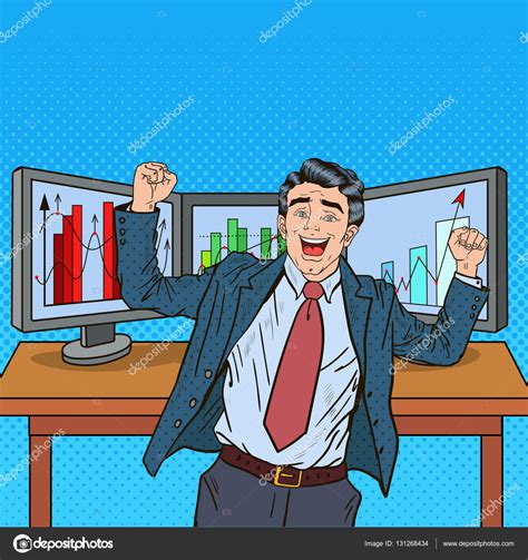 Pop Art Successful Businessman With Computers And Graphs Of Growing Market Shares Vector