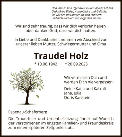 Traueranzeigen Von Traudel Holz Trauer Hna De