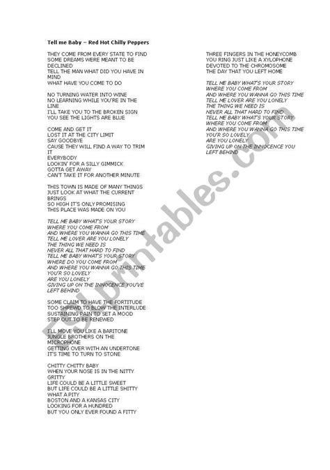 English Worksheets Tell Me Baby Red Hot Chilly Peppers