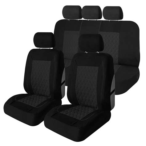 Diamond Stitched Flat Cloth Car Seat Covers Full Set Black