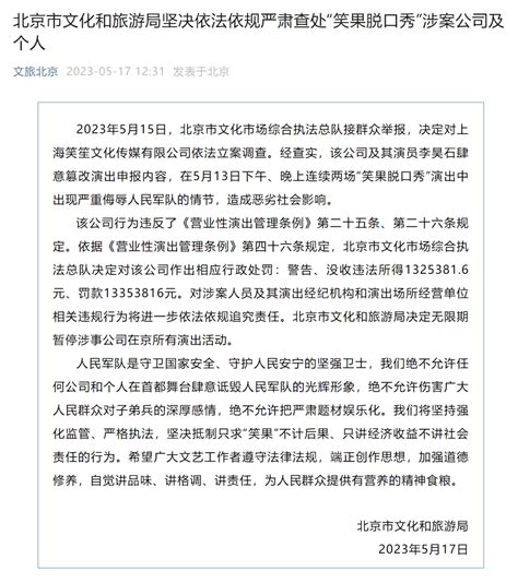 笑果被罚！演员李某某被公安机关立案调查 人民军队 演出 群众