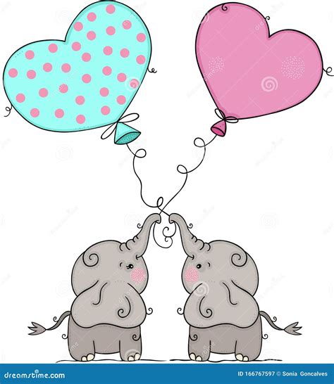 Two Cute Elephants Holding A Heart Shaped Balloons Stock Vector