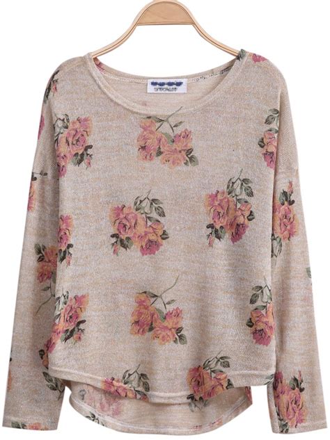 Aprioct Long Sleeve Florals Print Dipped Hem Knitwear Shein Sheinside