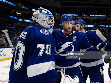 Goalie Louis Domingue And Steven Stamkos Of The Tampa Bay Lightning