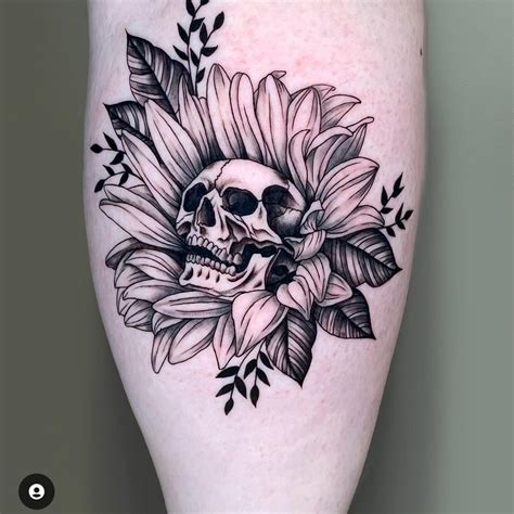 Skull and Sunflower Tattoo on Thigh