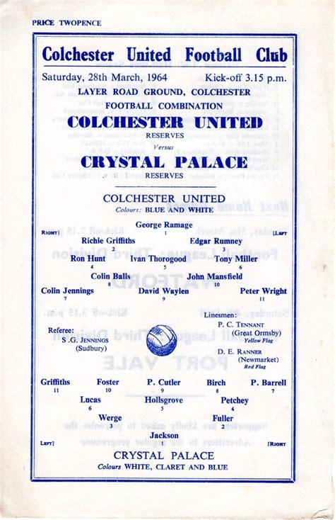 Colchester United V Crystal Palace Reserves Programme Ebay