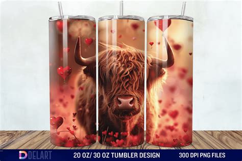 3D Highland Cow Valentine Tumbler Wrap 2 Graphic By DelArtCreation