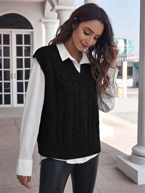 Shein Essnce Cable Knit Sweater Vest Without Blouse Shein Usa