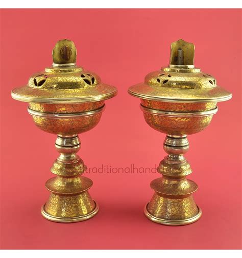 Fine Hand Carvings Tibetan Buddhism Brass Butter Ghee Lamps Set