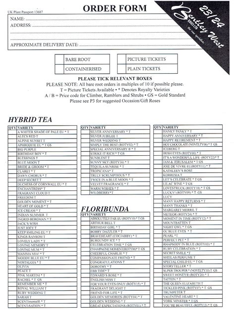 Bentley West Roses Ltd Trade Listorder Form