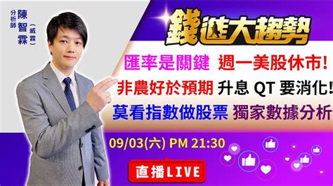 20220903 股市直播live】莫看指數做股票 獨家數據分析， 週一美股休市 匯率是9月關鍵，非農好於預期 升息 Qt 要消化 陳智