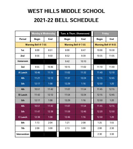 Bell Schedules 2021 2022 West Hills Middle