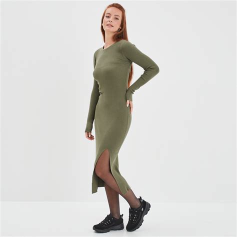 Robe Pull Longue Moulante Fendue Vert Kaki Femme La Halle