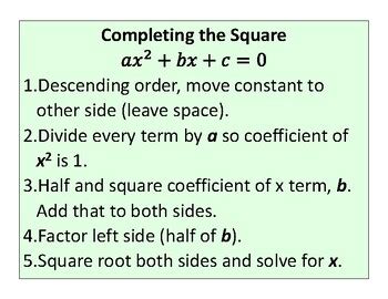 Completing the Square Steps Poster by Saxon Math - Explained | TPT