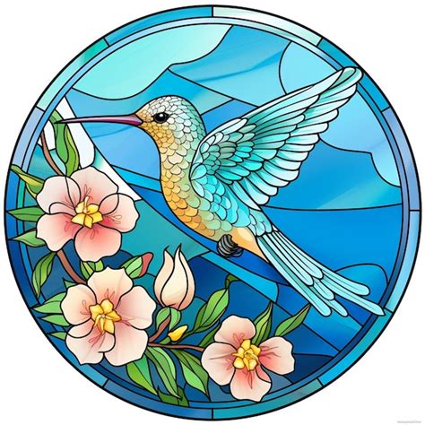 Stained Glass Round Hummingbird Flowers Premium AI Generated Image