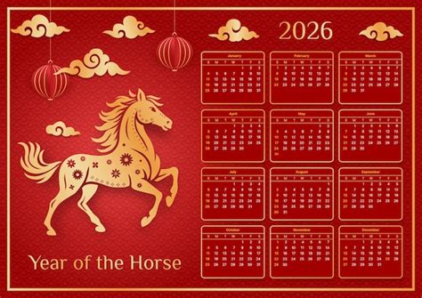 horizontal red calendar  chinese  year   horse celebration