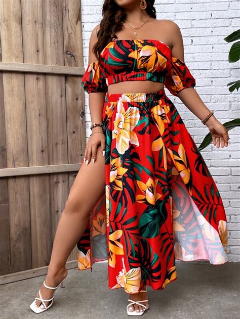 Shein Vcay Plus Tropical Print Off Shoulder Crop Top And Split Thigh