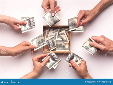 People Together Collecting Money In Box For Funding Them Stock Image