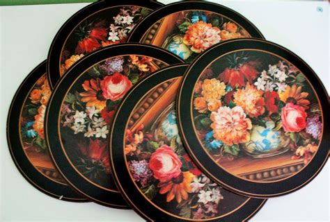 Vintage Set Black Pimpernel Place Mats Floral Round Placemats Flowers