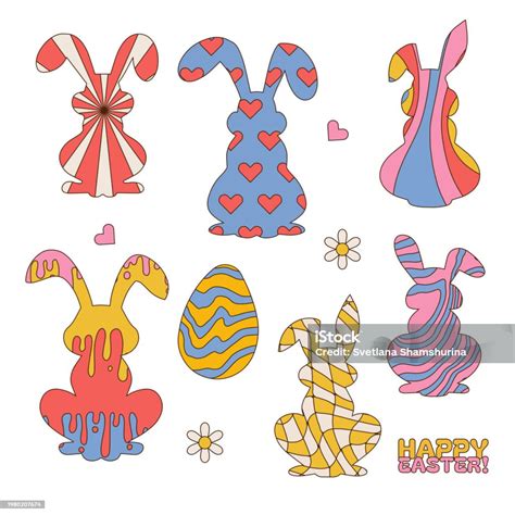 Groovy Hippie Happy Easter Set Of Easter Bunnies Silhouettes With Patterns In Trendy Retro 60s