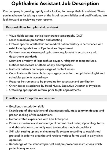 Ophthalmic Assistant Job Description Velvet Jobs