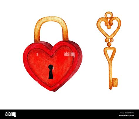 Watercolor Illustration Of A Red Heart Shaped Padlock And A Golden Key