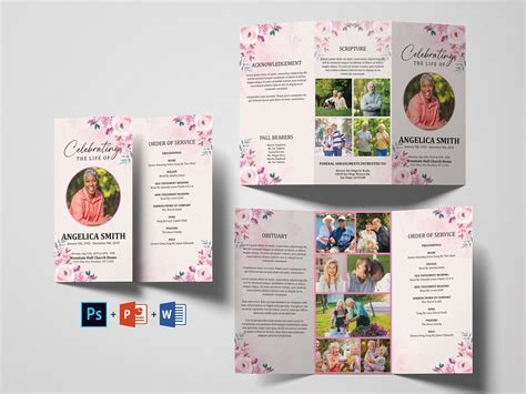 Pink Rose Floral Trifold Funeral Program Template 11×17 Funeral Program