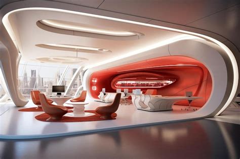 Premium AI Image | a futuristic office with red and white furniture