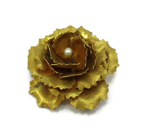 SANDOR Signed Gold Tone Rose Pin Pearl Brooch Brushed Textured Etsy