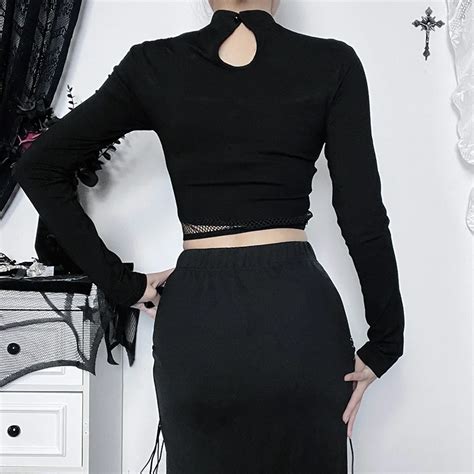 Женский сетчатый корсет Goth, черный укороченный Топ с длинным рукавом ...