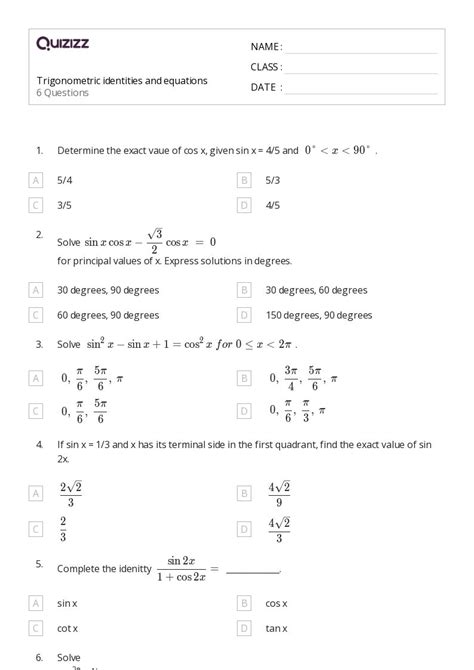 50 Trigonometric Equations Worksheets For Class 11 On Quizizz Free