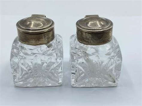 Vintage Silver Hallmarked Cut Glass Inkwells By Moody Archer