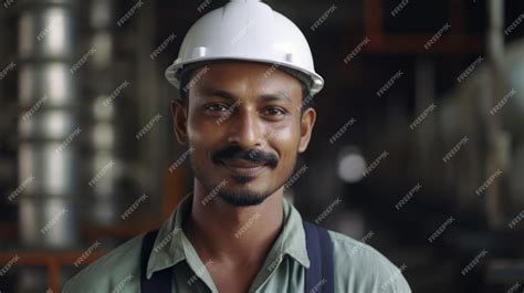 Premium Photo A Smiling Indian Male Factory Worker Standing In Oil