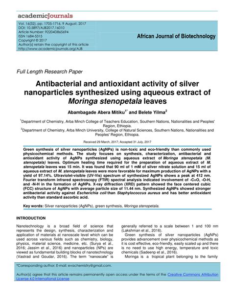 PDF Antibacterial And Antioxidant Activity Of Silver Nanoparticles