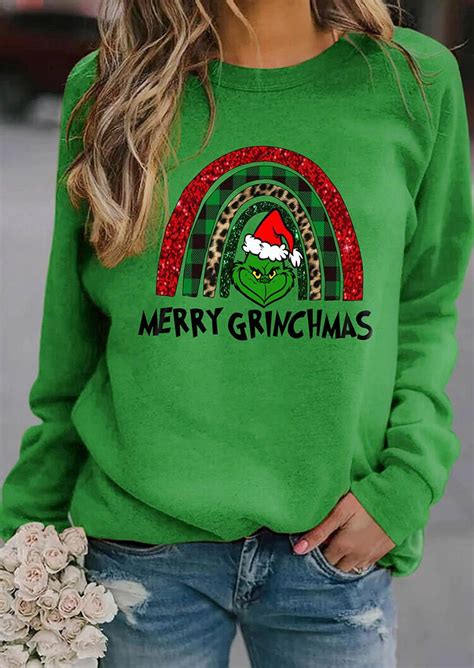 Merry Christmas Grinch Rainbow Leopard Plaid Sweatshirt Green Plaid